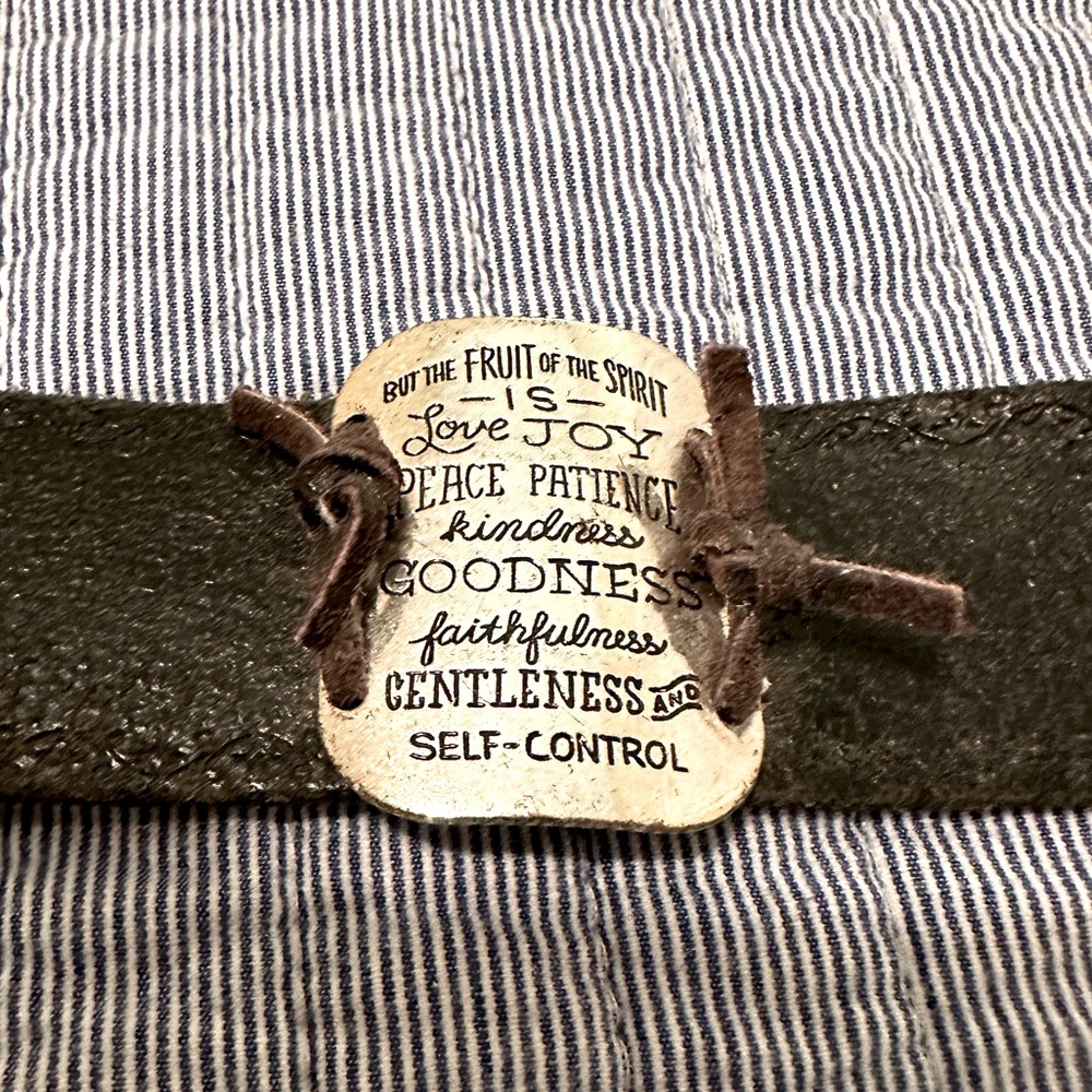 Black leather bracelet with Fruits of the Spirit charm.